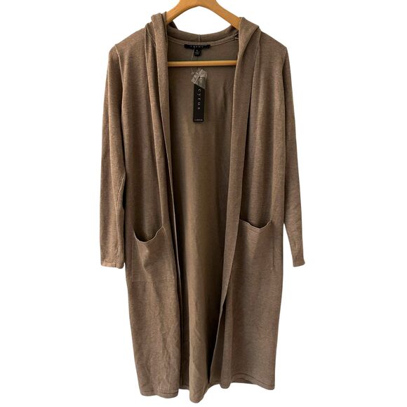 Cyrus Oatmeal Brown Long Hooded Rayon Open Cardigan Duster Size S NWT - Picture 1 of 5